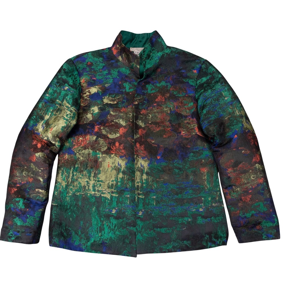 VTG Grace Chuang Open Jacket Womens Medium Green Blue Monet Water Lily Art Shiny